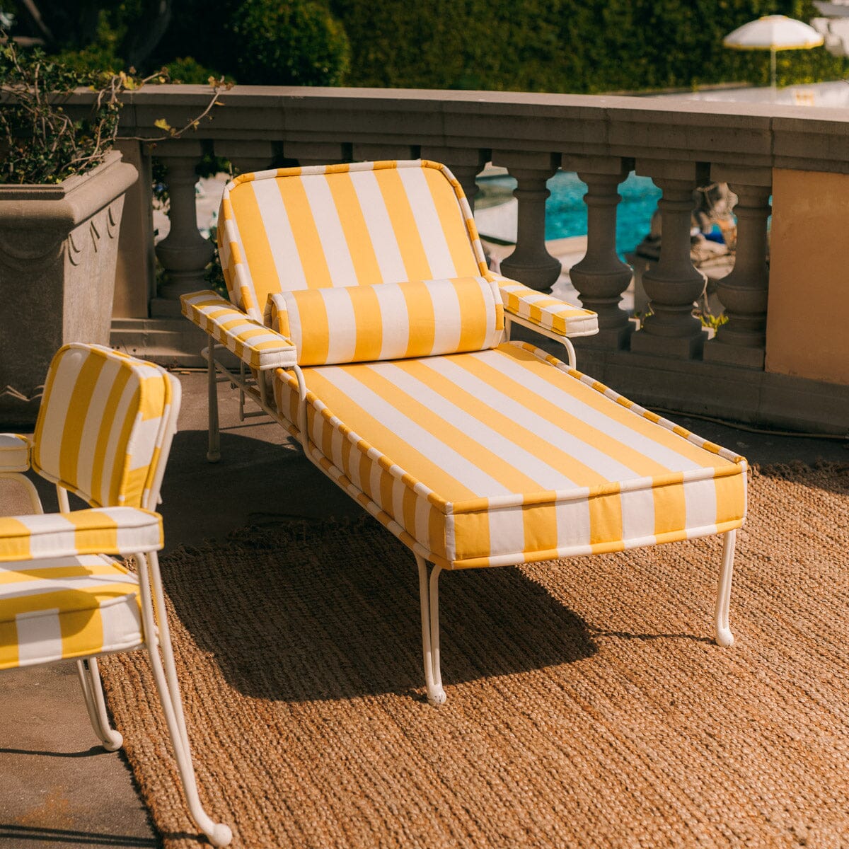 The Waterhouse Sun Lounger in Crew Mimosa Yellow Stripe | Antique White Frame Kit Business & Pleasure Co.