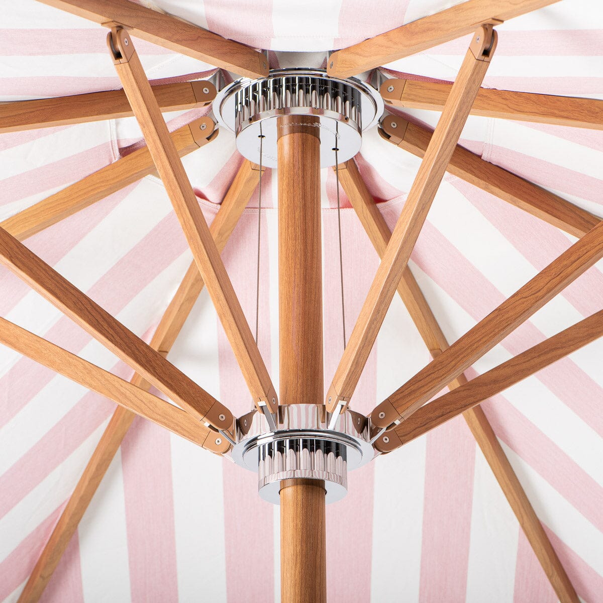 The Resort Market Umbrella in Crew Pink Stripe | Transfer Teak Frame Resort Market Umbrella Kit Business & Pleasure Co Aus