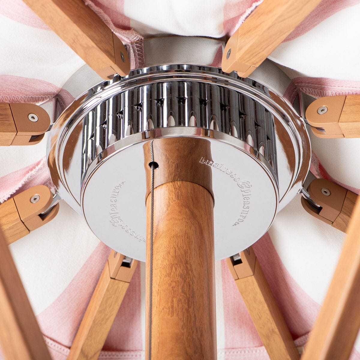The Resort Market Umbrella in Crew Pink Stripe | Transfer Teak Frame Resort Market Umbrella Kit Business & Pleasure Co Aus
