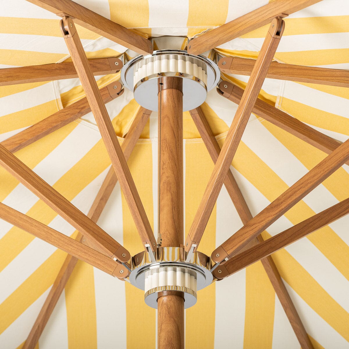 Resort Market Umbrella | Crew Mimosa Yellow Stripe & Transfer Teak Frame Resort Market Umbrella Kit Business & Pleasure Co Aus