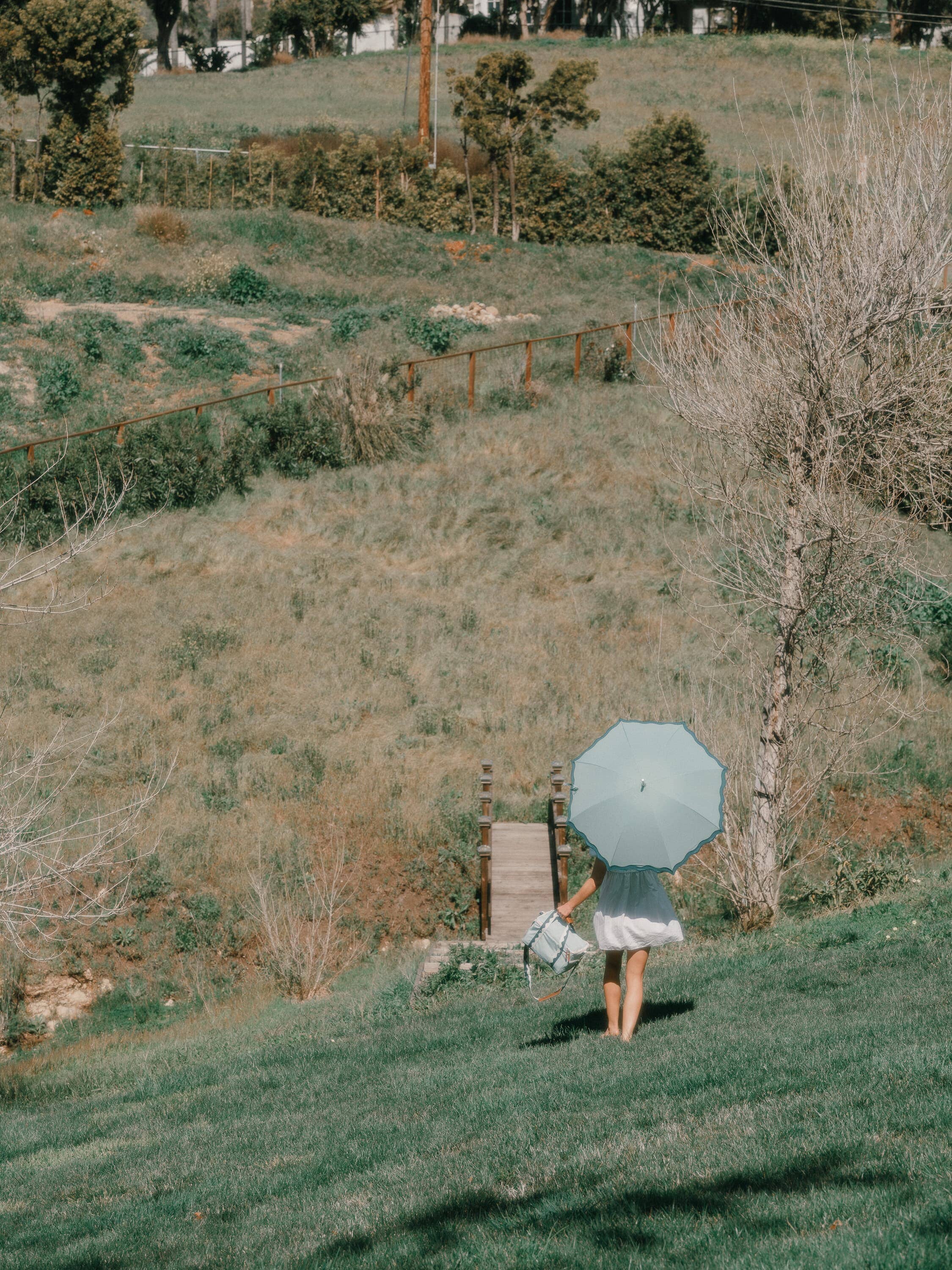 Woman in a field with rain umbrella