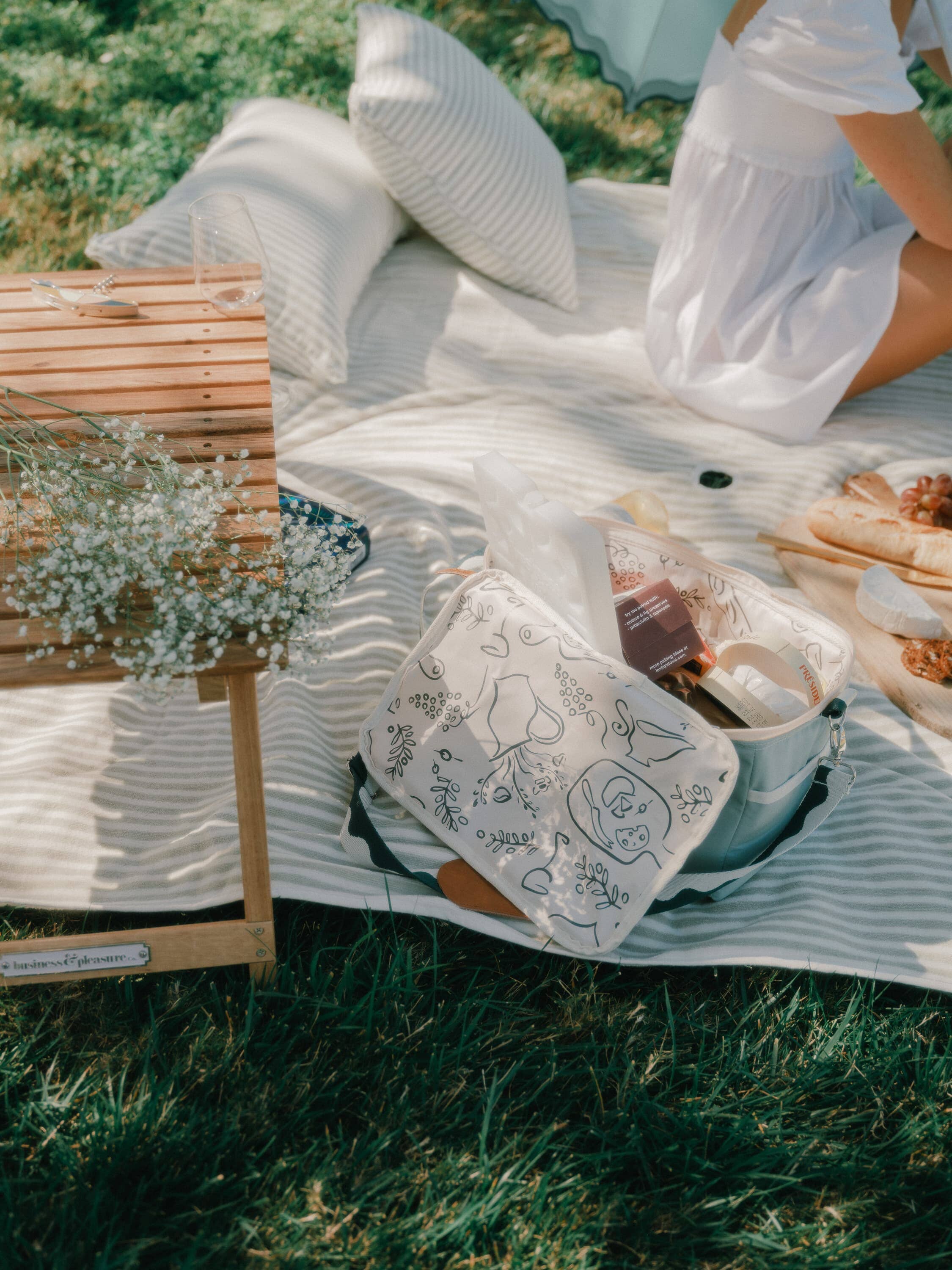 Picnic set up with folding table, cooler, blanket and cushions.
