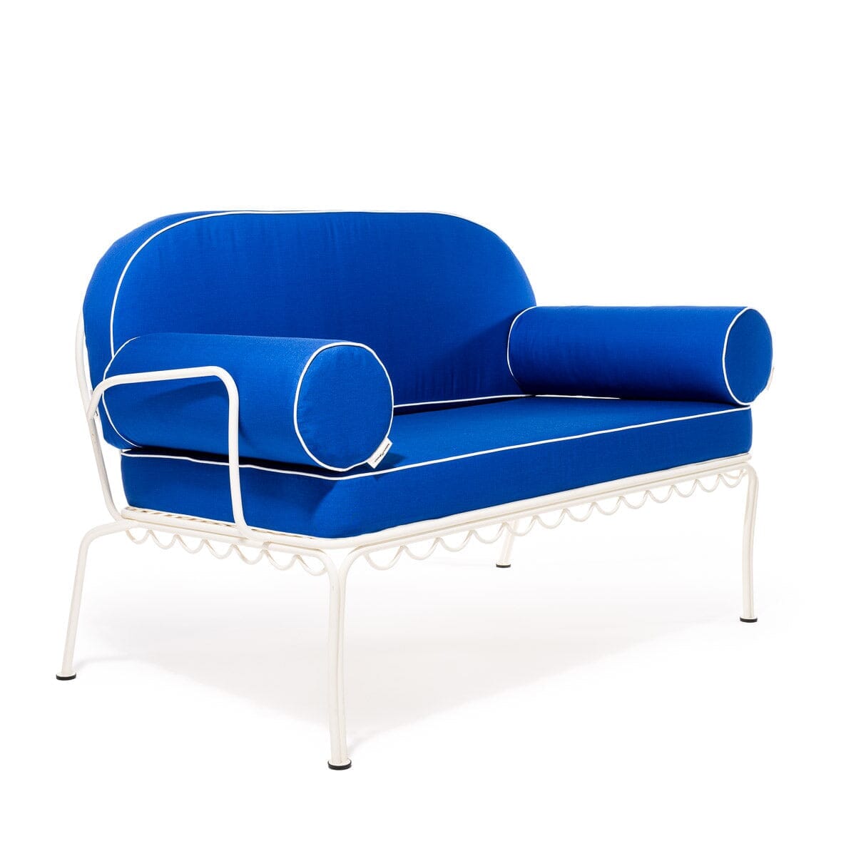 The Al Fresco Love Seat in Rivie Mediterranean Blue | Antique White Frame Al Fresco Love Seat Kit Business & Pleasure Co Aus