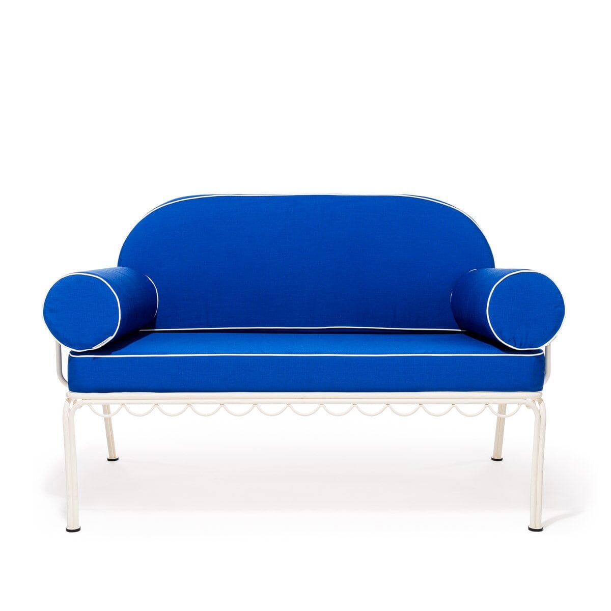 The Al Fresco Love Seat in Rivie Mediterranean Blue | Antique White Frame Al Fresco Love Seat Kit Business & Pleasure Co Aus