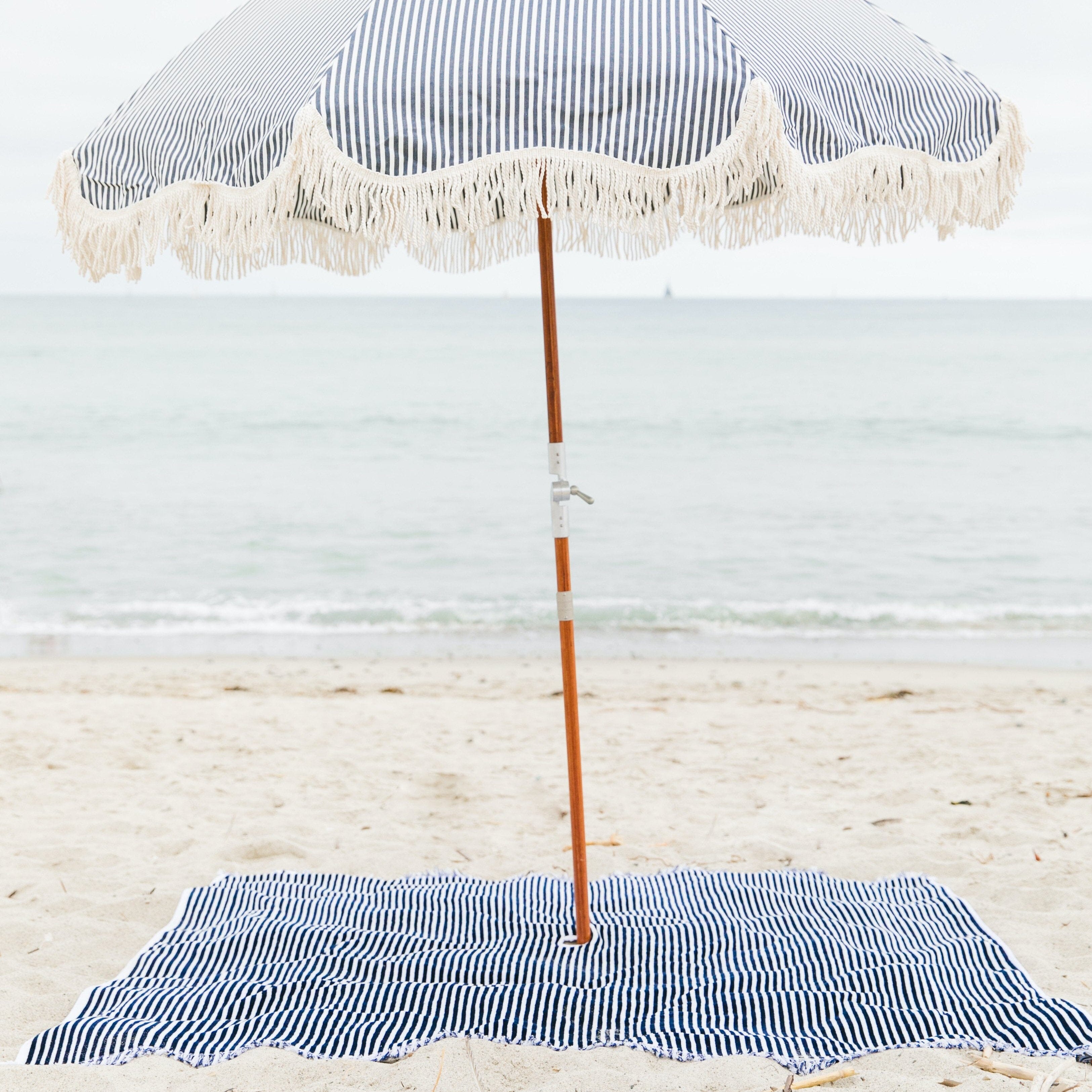 The Beach Blanket - Lauren's Navy Stripe Beach Blanket Business & Pleasure Co