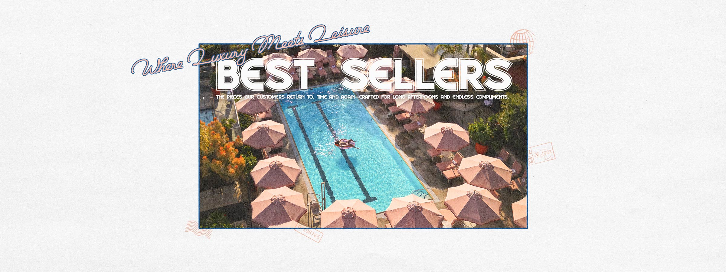 Best Sellers' with a pool and lounge chairs on a white background