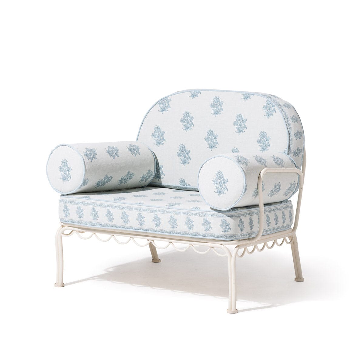 The Al Fresco Accent Chair by Amanda Lindroth in Jaipur Blue | Antique White Frame Al Fresco Accent Chair Kit B&P by Amanda Lindroth 