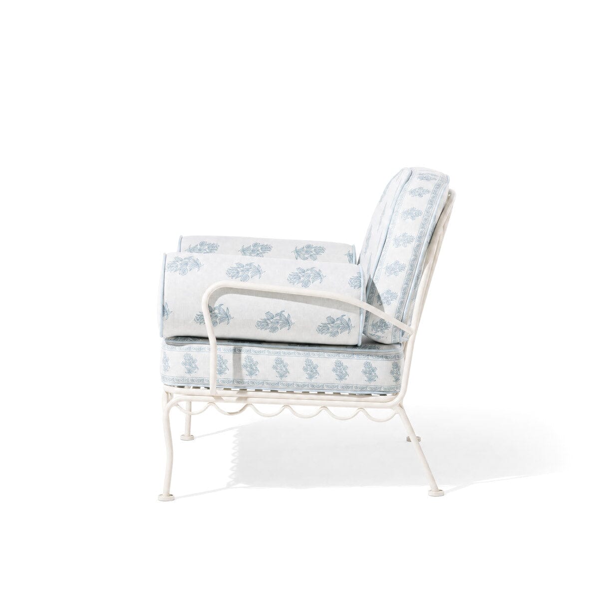 The Al Fresco Accent Chair by Amanda Lindroth in Jaipur Blue | Antique White Frame Al Fresco Accent Chair Kit B&P by Amanda Lindroth 