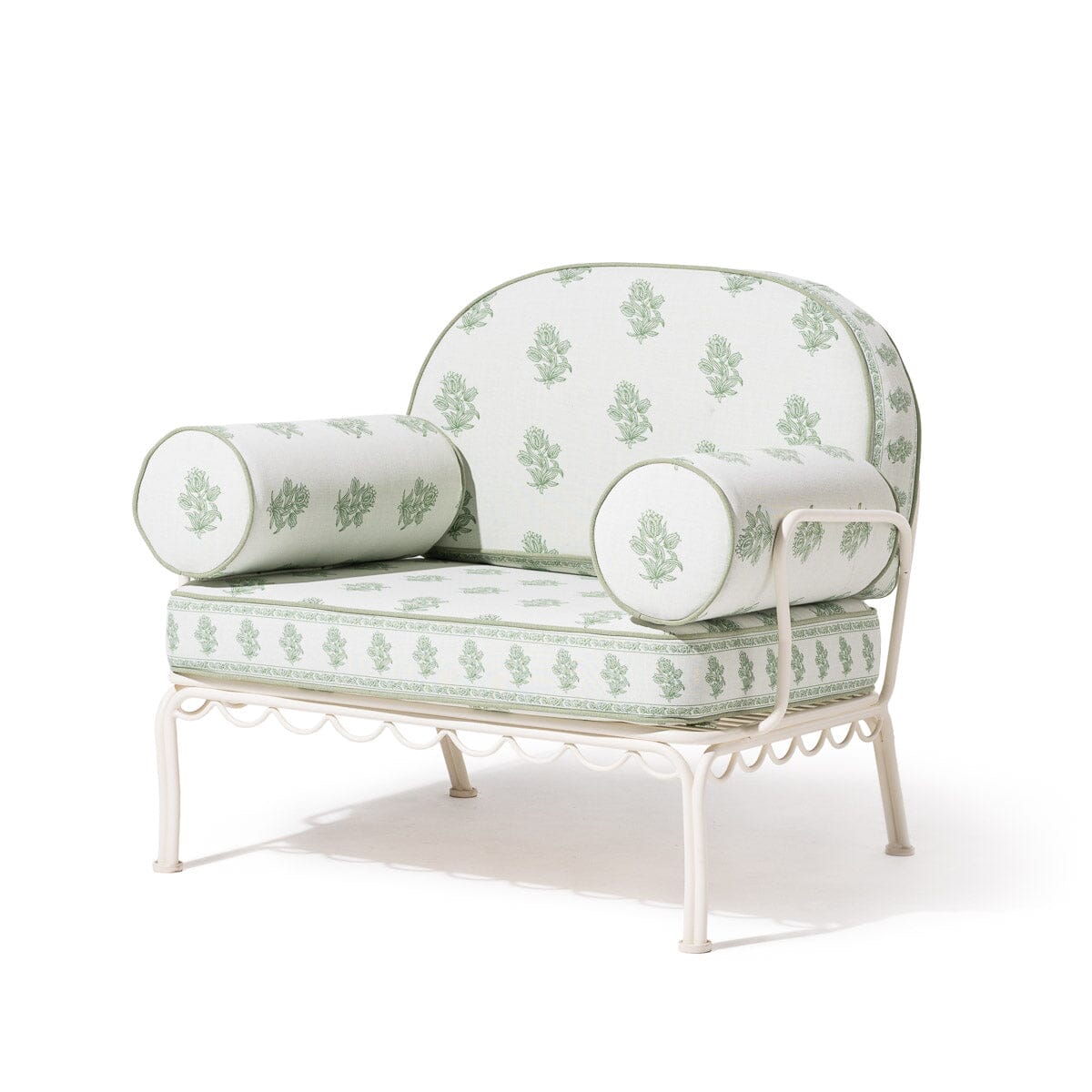 The Al Fresco Accent Chair by Amanda Lindroth in Jaipur Green | Antique White Frame Al Fresco Accent Chair Kit B&P by Amanda Lindroth 