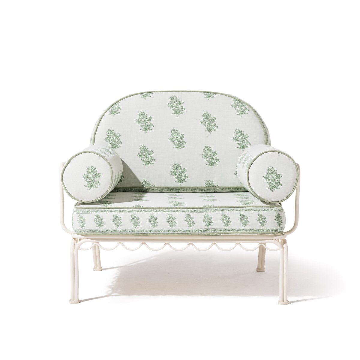 The Al Fresco Accent Chair by Amanda Lindroth in Jaipur Green | Antique White Frame Al Fresco Accent Chair Kit B&P by Amanda Lindroth 