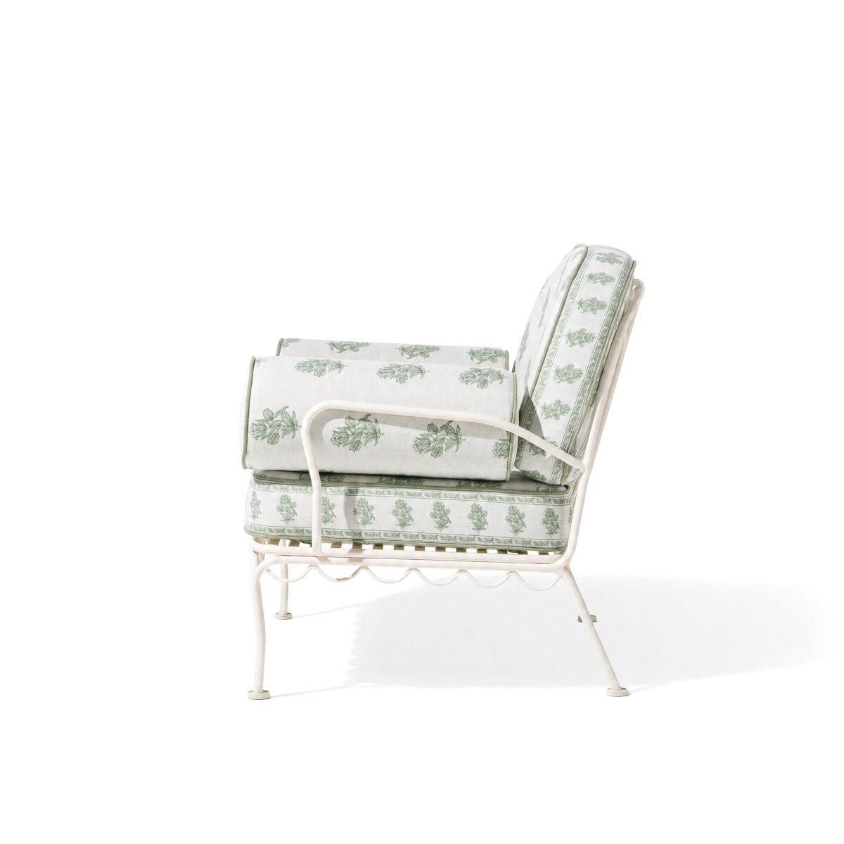The Al Fresco Accent Chair by Amanda Lindroth in Jaipur Green | Antique White Frame Al Fresco Accent Chair Kit B&P by Amanda Lindroth 