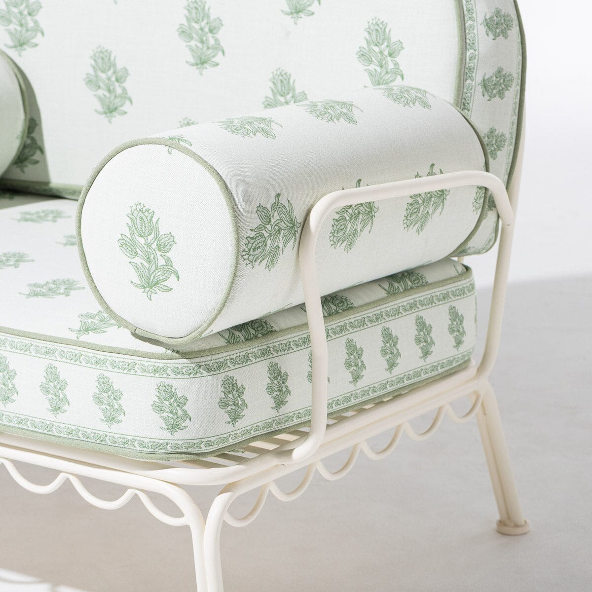 The Al Fresco Accent Chair by Amanda Lindroth in Jaipur Green | Antique White Frame Al Fresco Accent Chair Kit B&P by Amanda Lindroth 