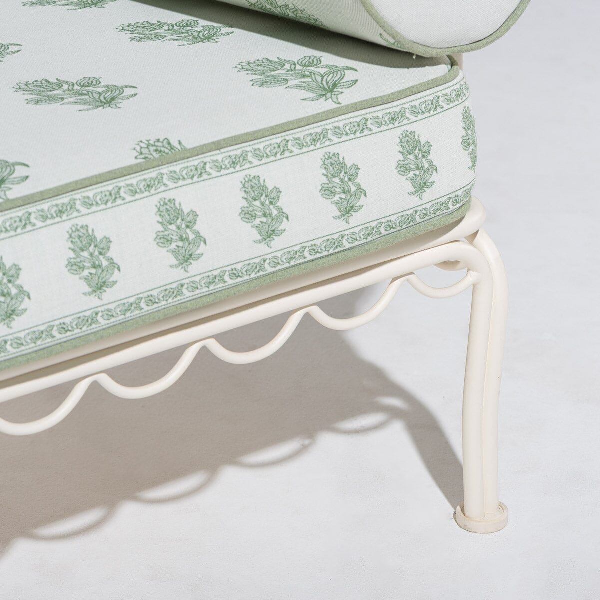 The Al Fresco Accent Chair by Amanda Lindroth in Jaipur Green | Antique White Frame Al Fresco Accent Chair Kit B&P by Amanda Lindroth 
