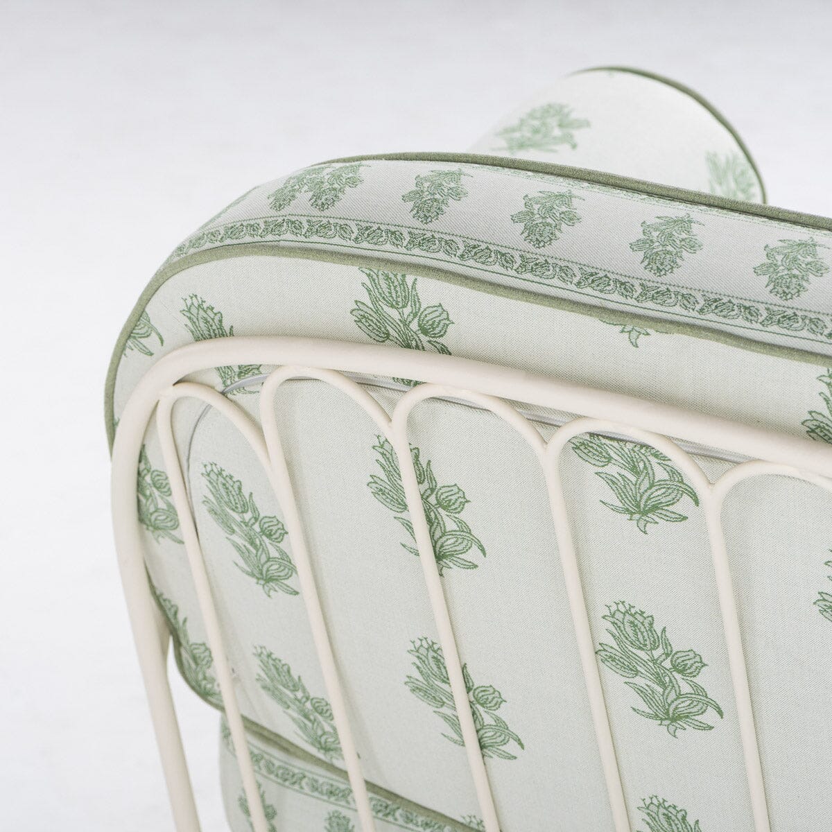 The Al Fresco Accent Chair by Amanda Lindroth in Jaipur Green | Antique White Frame Al Fresco Accent Chair Kit B&P by Amanda Lindroth 