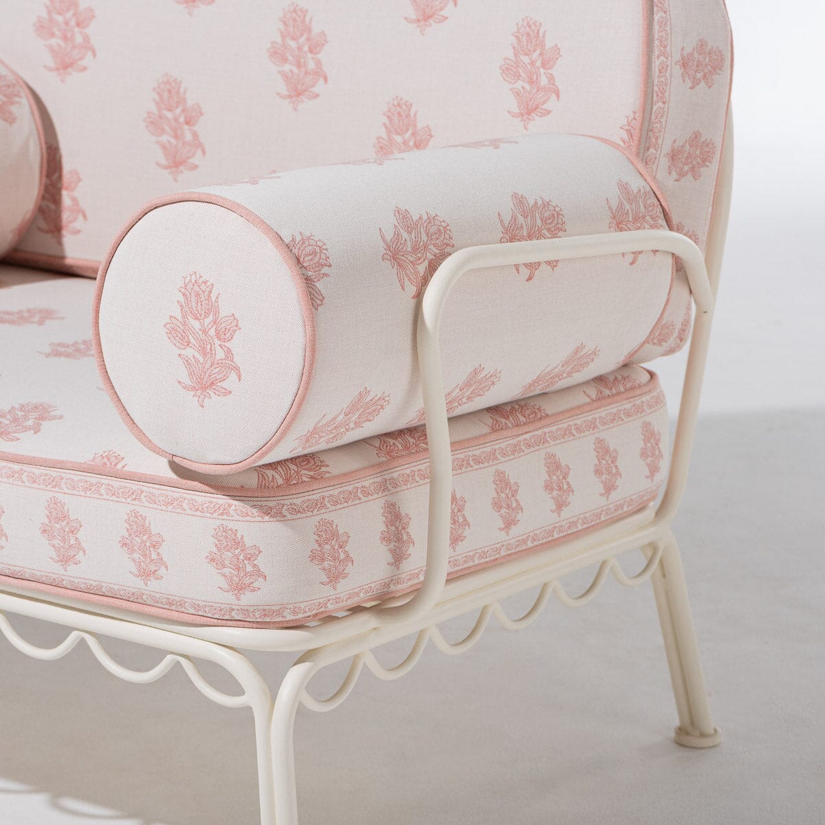 The Al Fresco Accent Chair by Amanda Lindroth in Jaipur Pink | Antique White Frame Al Fresco Accent Chair Kit B&P by Amanda Lindroth 