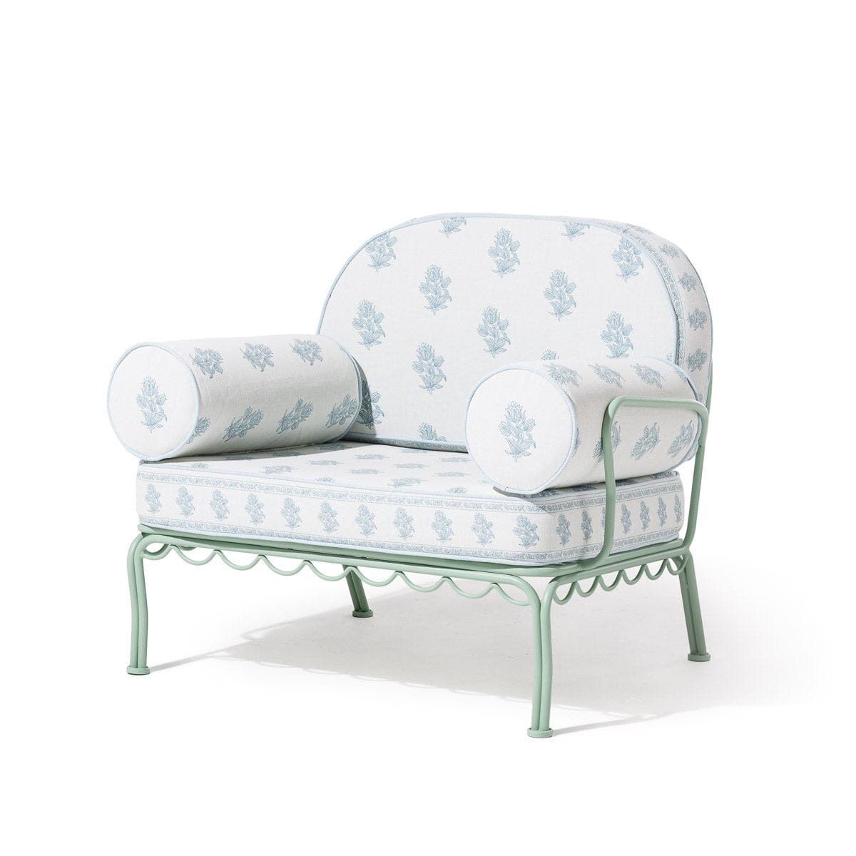 The Al Fresco Accent Chair by Amanda Lindroth in Jaipur Blue | Sage Green Frame Al Fresco Accent Chair Kit B&P by Amanda Lindroth 