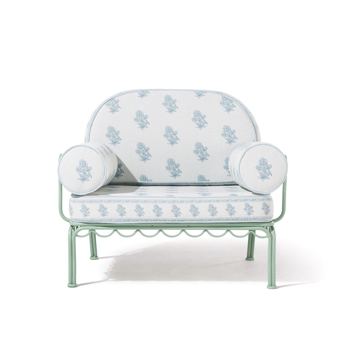 The Al Fresco Accent Chair by Amanda Lindroth in Jaipur Blue | Sage Green Frame Al Fresco Accent Chair Kit B&P by Amanda Lindroth 