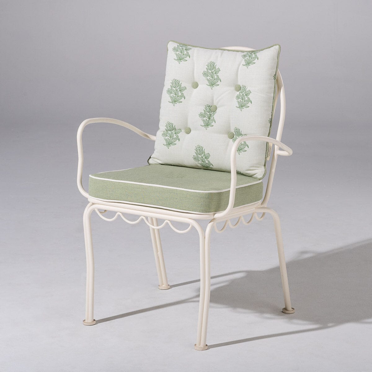 The Al Fresco Dining Chair & Cushion by Amanda Lindroth in Jade Green | Antique White Frame Al Fresco Dining Chair Kit B&P by Amanda Lindroth 