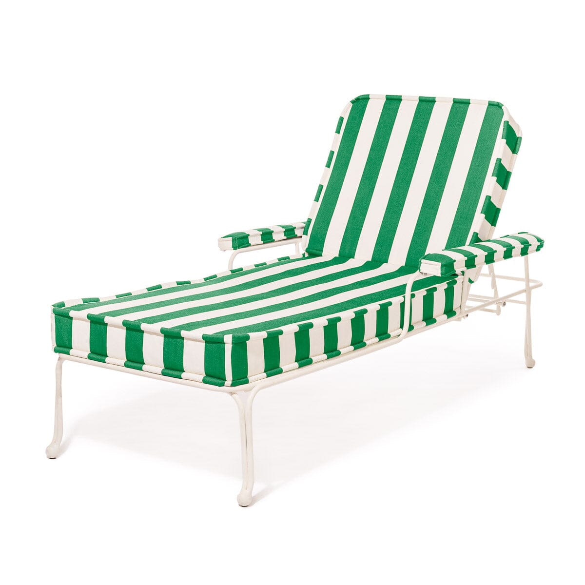 The Waterhouse Sun Lounger in Crew Canyon Green Stripe | Antique White Frame Kit Business & Pleasure Co. 