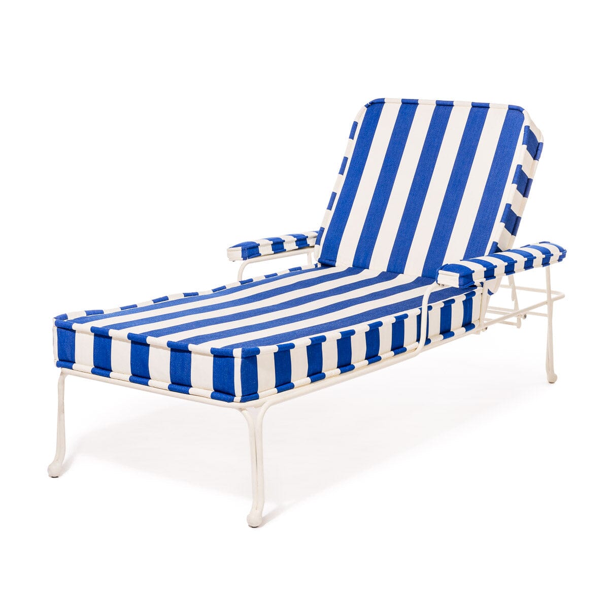 The Waterhouse Sun Lounger in Crew Mediterranean Blue Stripe | Antique White Frame Kit Business & Pleasure Co. 