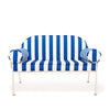 Swatch for The Al Fresco Love Seat in Crew Mediterranean Blue Stripe | Antique White Frame