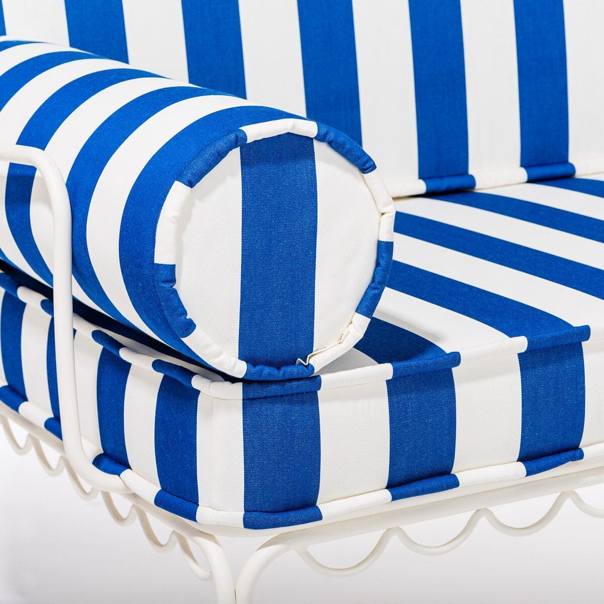 The Al Fresco Love Seat in Crew Mediterranean Blue Stripe | Antique White Frame Al Fresco Love Seat Kit Business & Pleasure Co. 