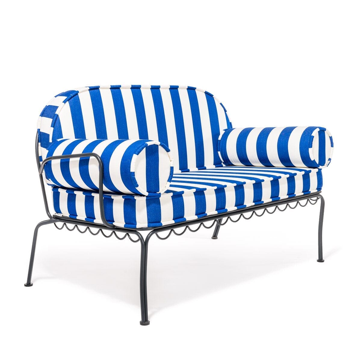 The Al Fresco Love Seat in Crew Mediterranean Blue Stripe | Vintage Black Frame Al Fresco Love Seat Kit Business & Pleasure Co. 