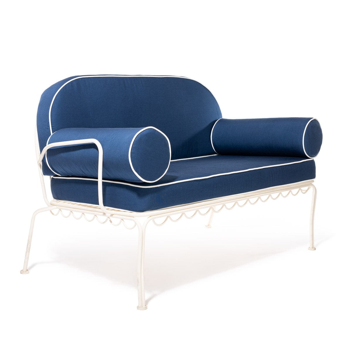 The Al Fresco Love Seat x Julia Berolzheimer in Rivie Slate | Antique White Frame Al Fresco Love Seat Kit B&P x Julia Berolzheimer 