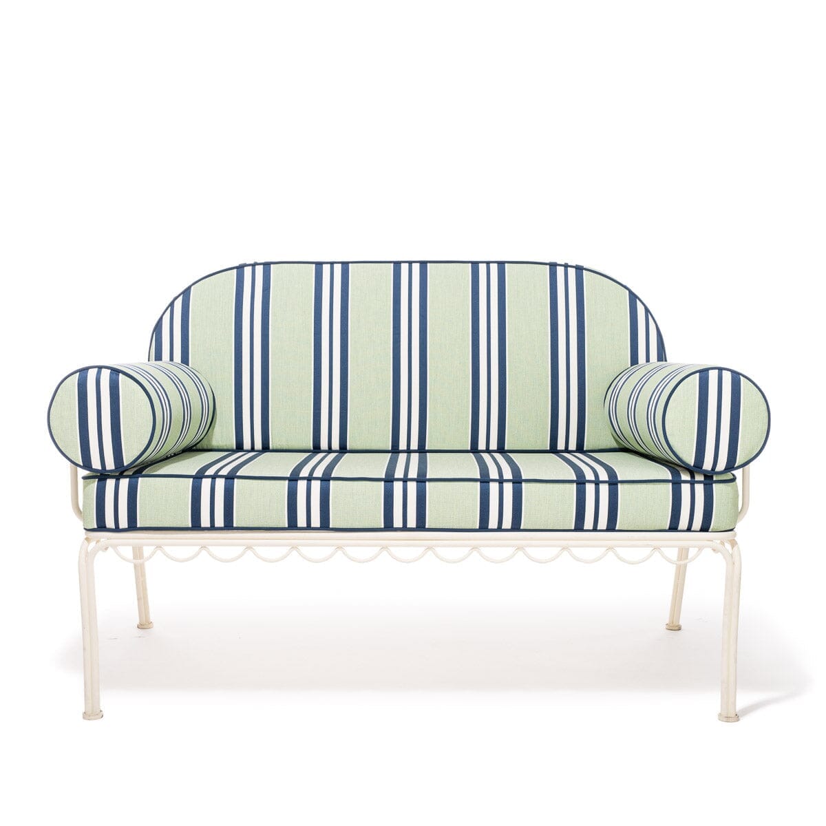 Product image of The Al Fresco Love Seat x Julia Berolzheimer in Green Stripes | Antique White Frame Al Fresco Love Seat Kit B&P x Julia Berolzheimer 