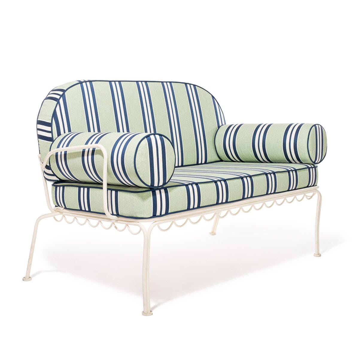 The Al Fresco Love Seat x Julia Berolzheimer in Green Stripes | Antique White Frame Al Fresco Love Seat Kit B&P x Julia Berolzheimer 