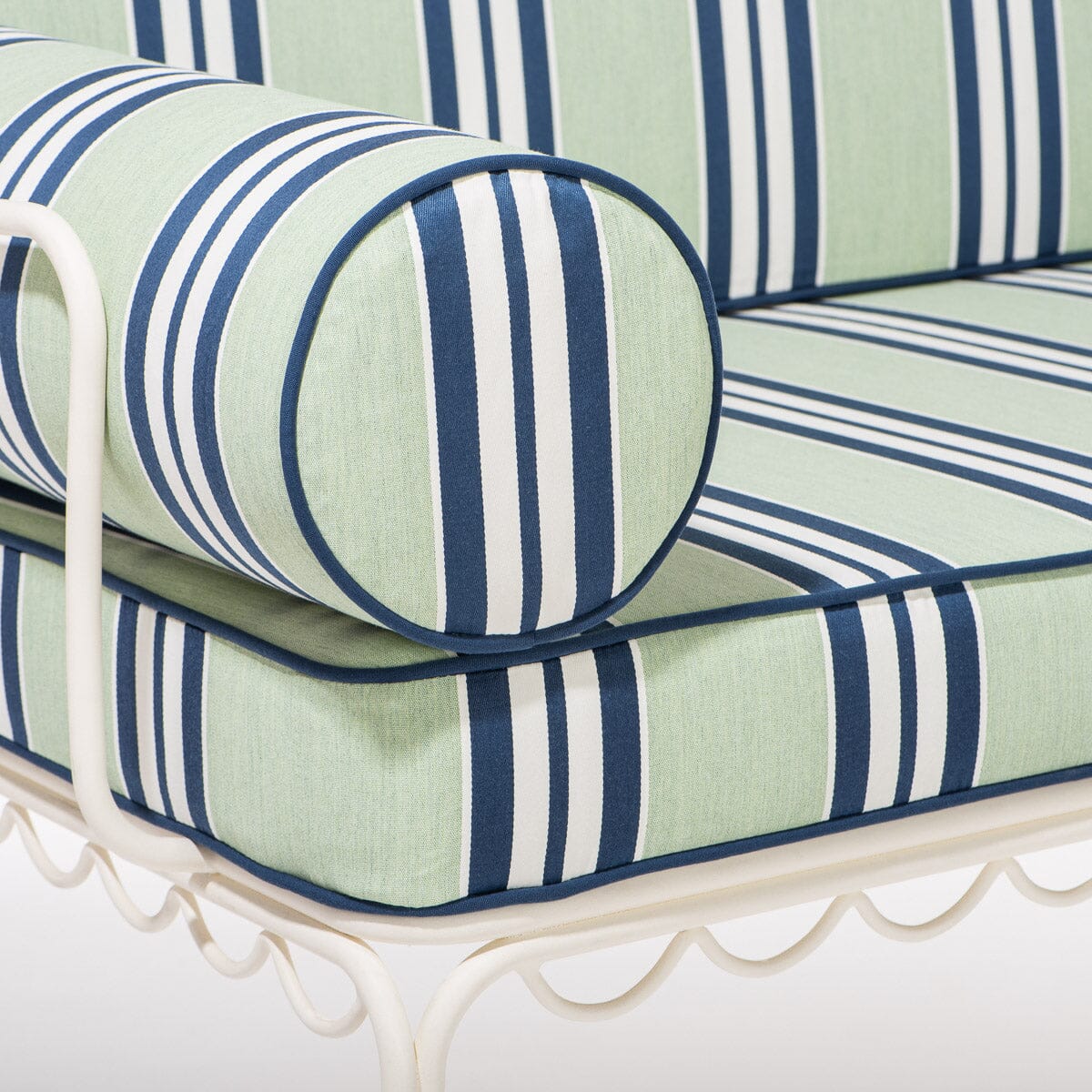 The Al Fresco Love Seat x Julia Berolzheimer in Green Stripes | Antique White Frame Al Fresco Love Seat Kit B&P x Julia Berolzheimer 