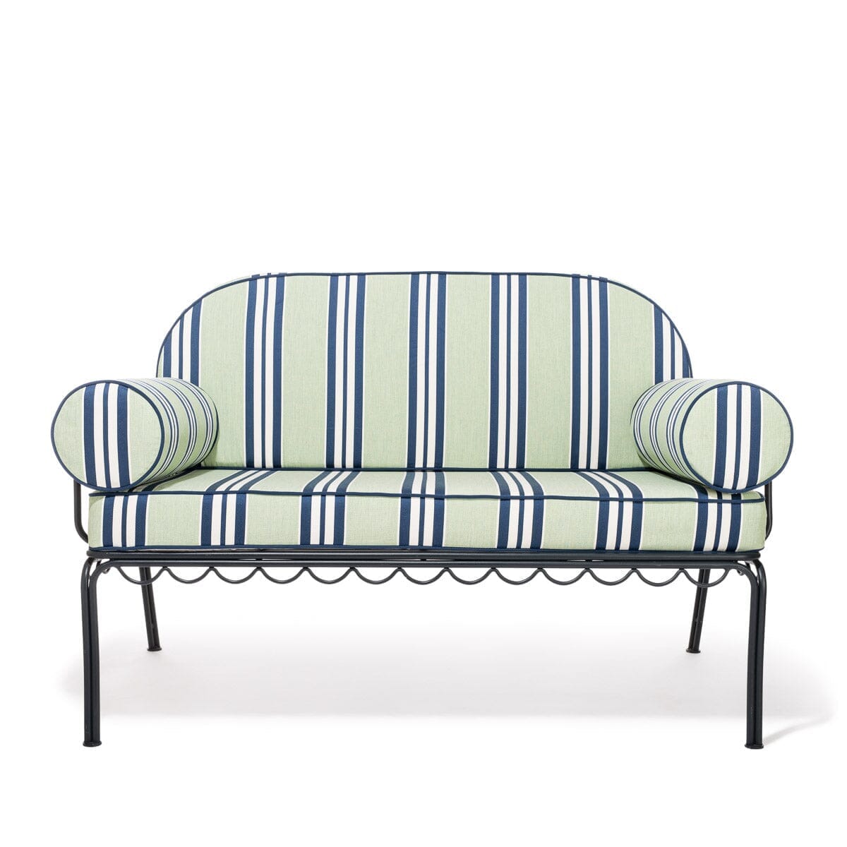 Product image of The Al Fresco Love Seat x Julia Berolzheimer in Green Stripes | Vintage Black Frame Al Fresco Love Seat Kit B&P x Julia Berolzheimer 