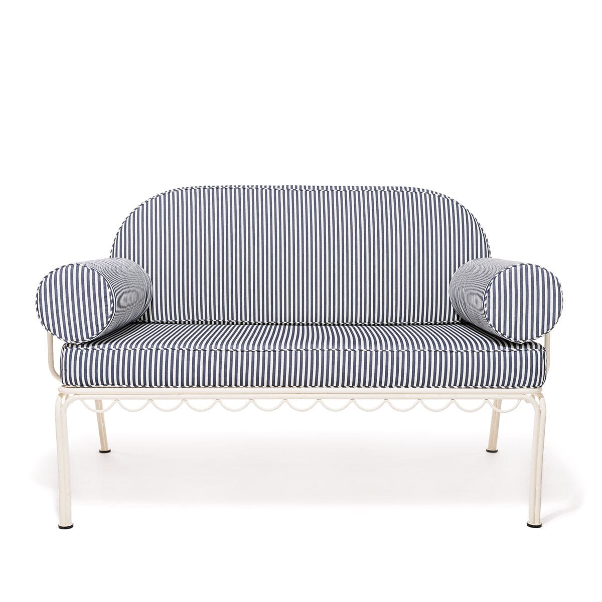 Product image of The Al Fresco Love Seat in Lauren's Navy Stripe | Antique White Frame Al Fresco Love Seat Kit Business & Pleasure Co. 
