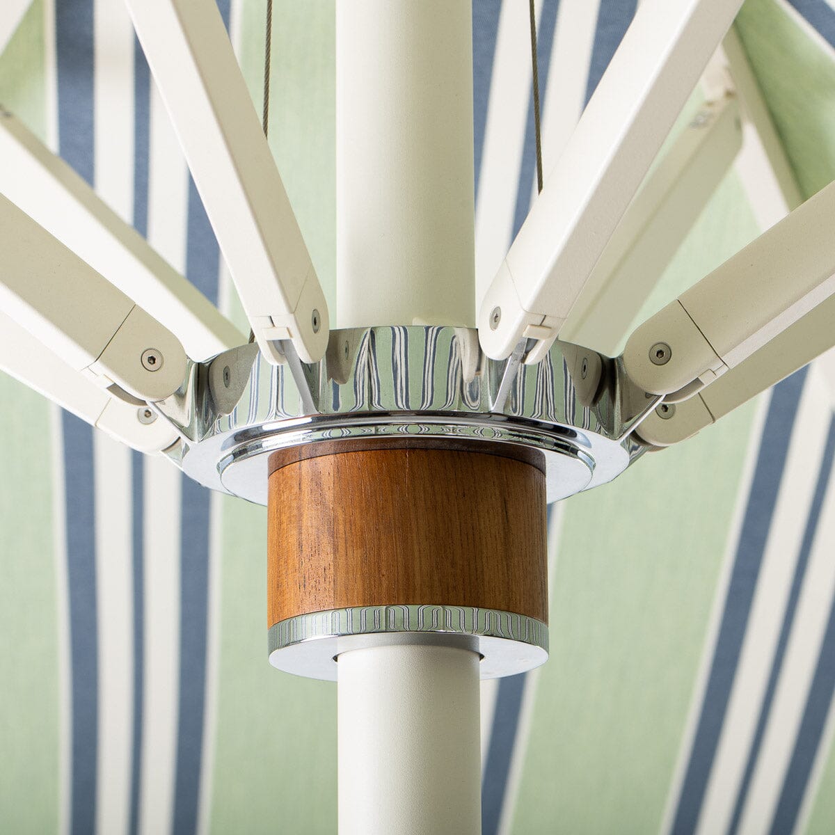 The Resort Market Umbrella x Julia Berolzheimer in Green Stripes | 10' Antique White Frame Resort Market Umbrella Kit B&P x Julia Berolzheimer 