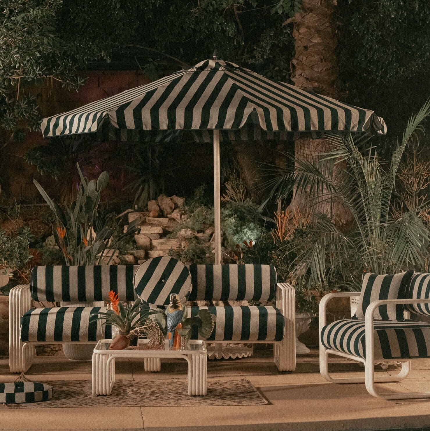 The Resort Market Umbrella in Terry Green Stripe | Antique White Frame Resort Market Umbrella Kit Business & Pleasure Co Aus 