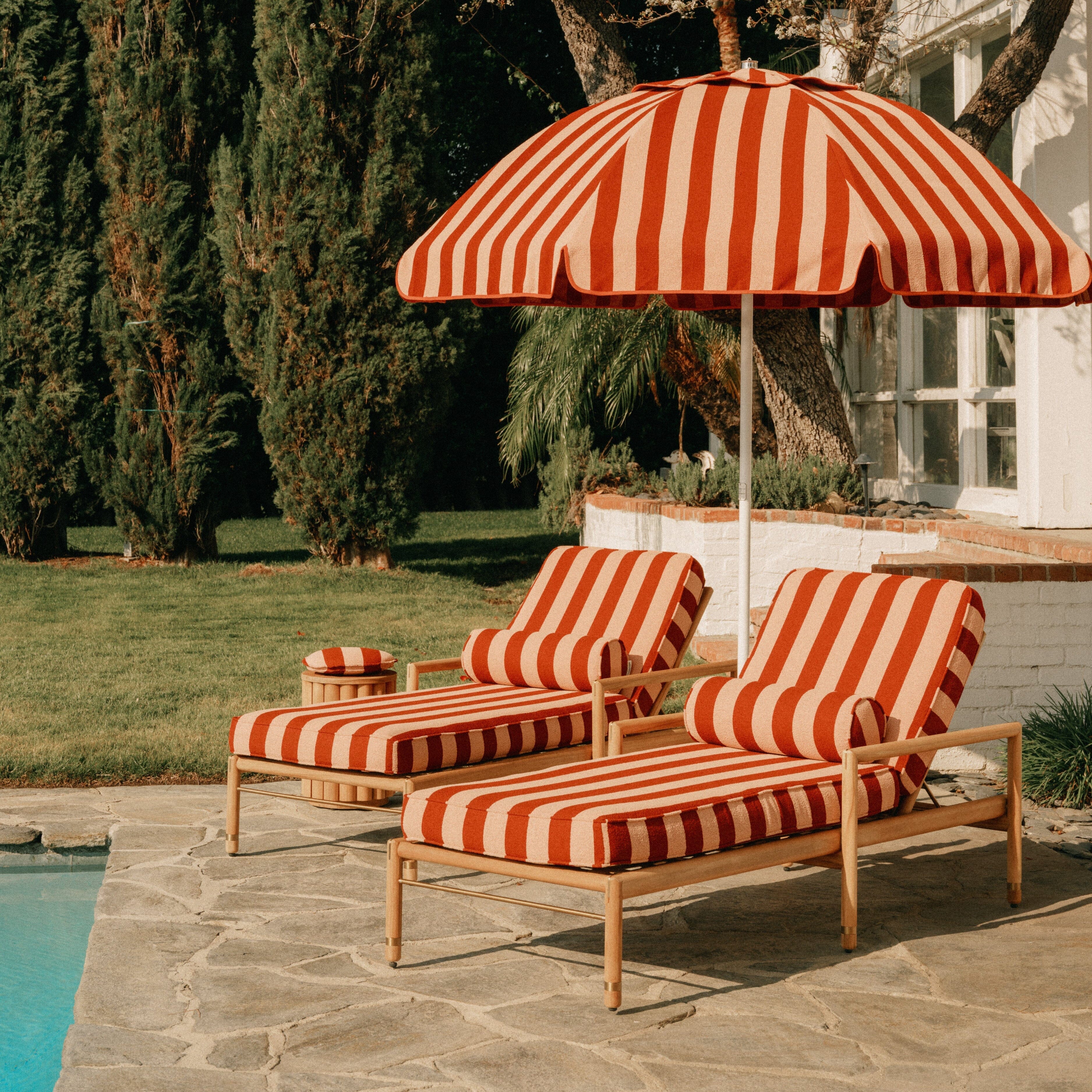 The WES Sun Lounger in Terry Terracotta Stripe | Teakwood Gold Frame Wes Sun Lounger Kit Business & Pleasure Co Aus 