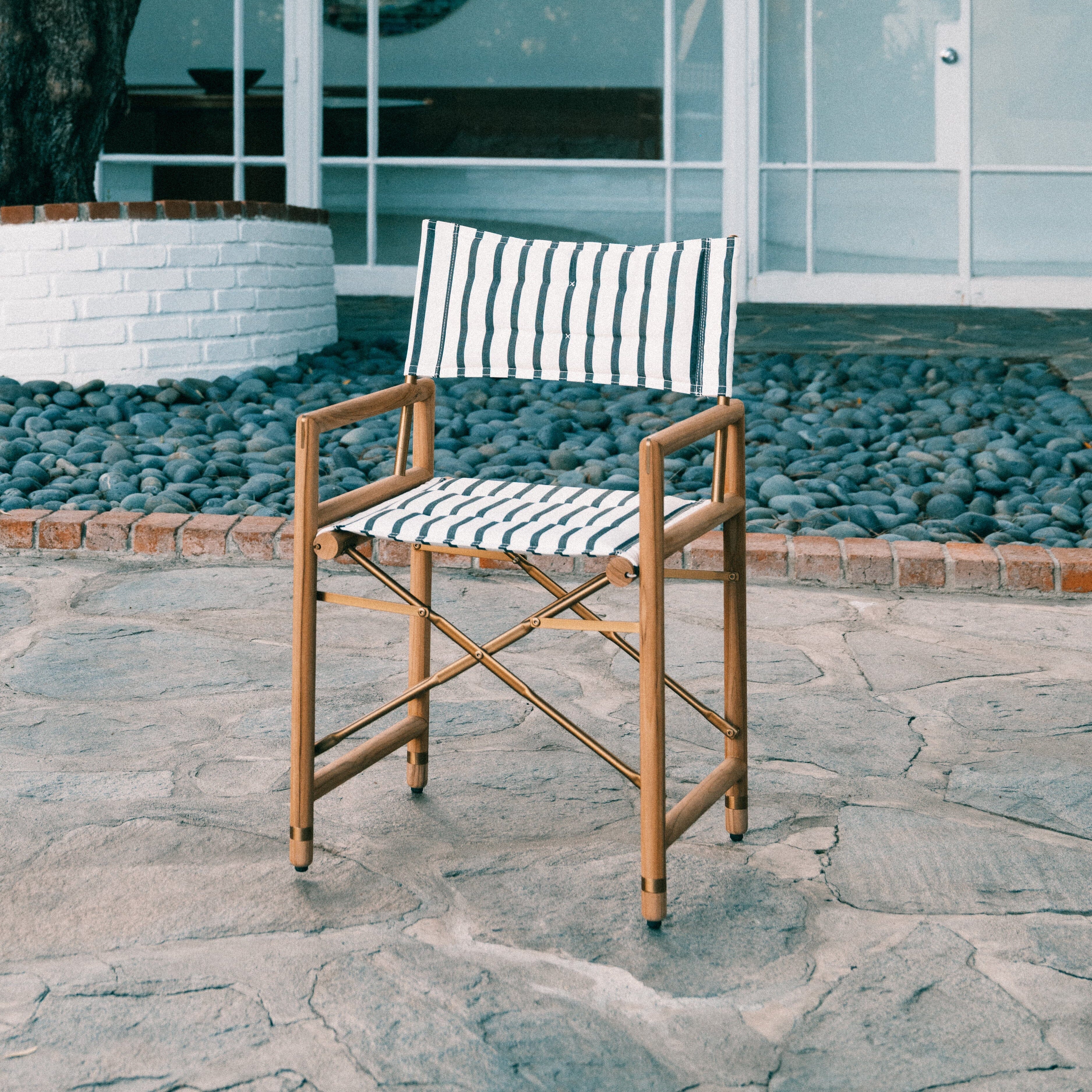 The WES Directors Chair in Monaco Black Stripe | Teakwood Gold Frame Wes Director Chair Kit Business & Pleasure Co Aus 