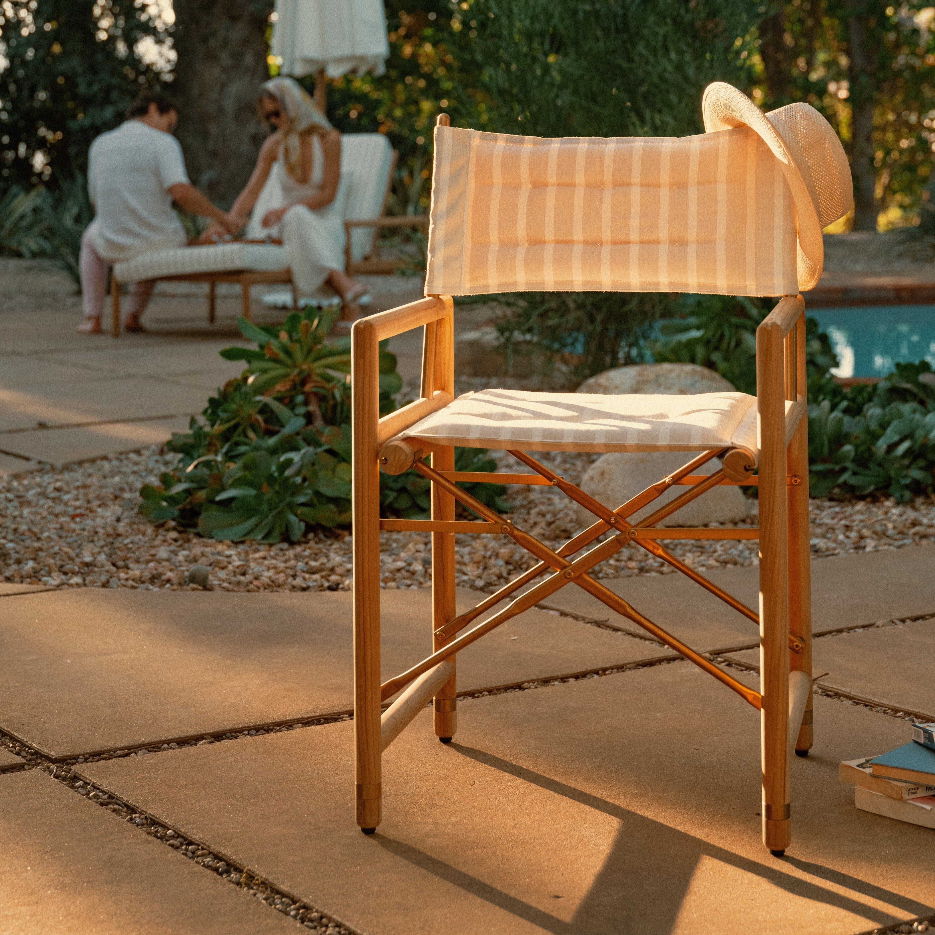 The WES Directors Chair in Monaco Natural Stripe | Teakwood Gold Frame Wes Director Chair Kit Business & Pleasure Co Aus 