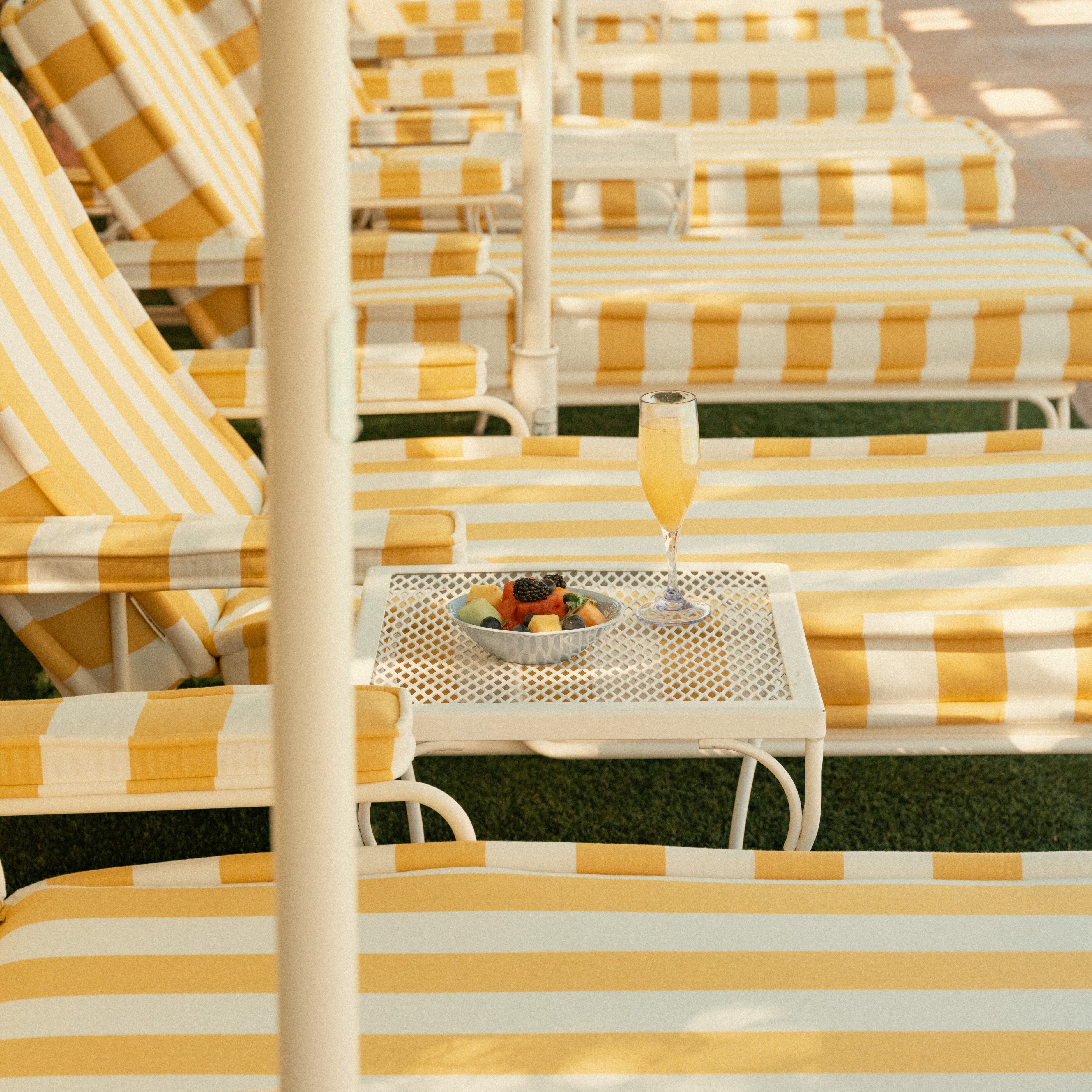 The Waterhouse Sun Lounger in Crew Mimosa Yellow Stripe | Antique White Frame Waterhouse Sun Lounger Kit Business & Pleasure Co. 