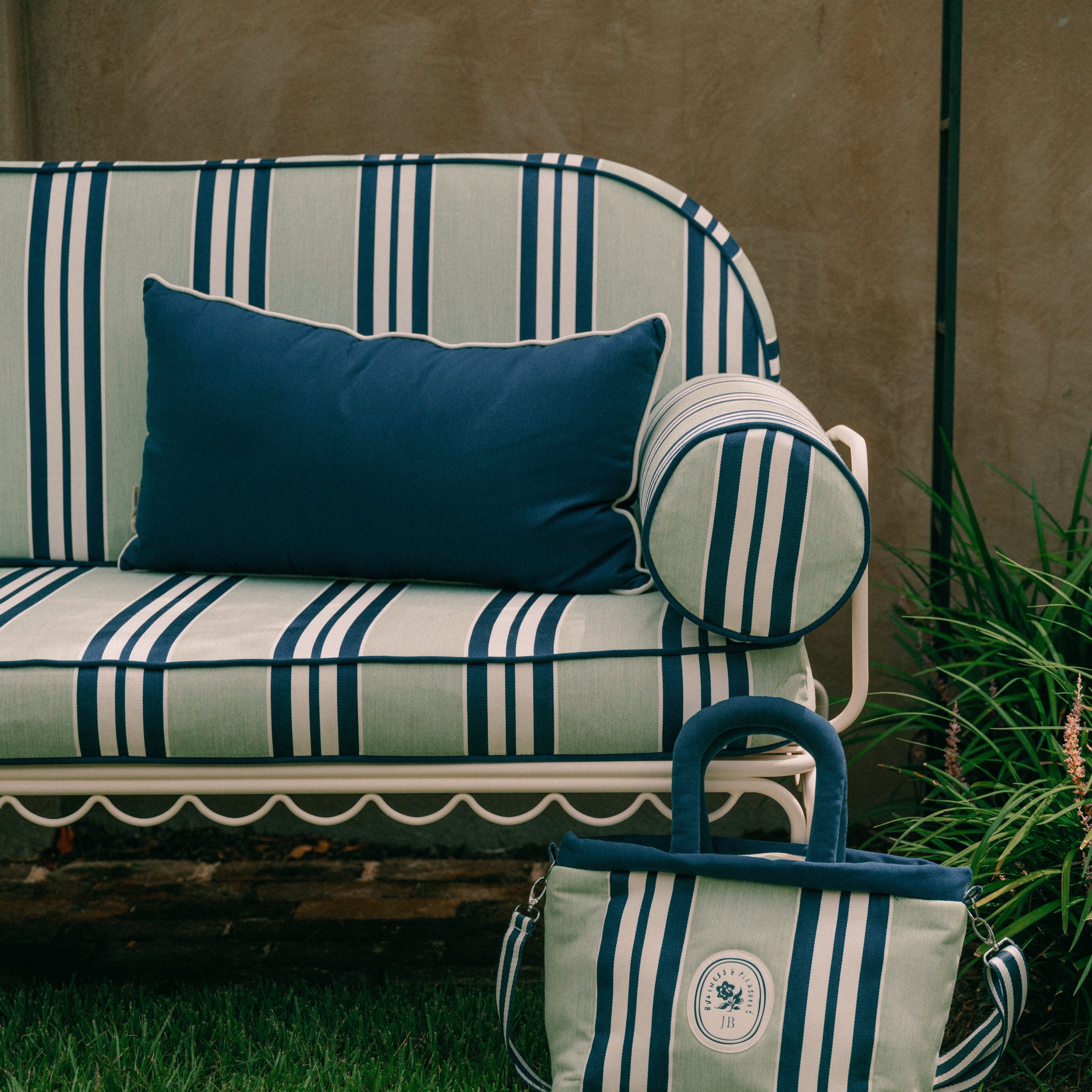 The Al Fresco Love Seat Slip Cover Set x Julia Berolzheimer in Green Stripes Al Fresco Love Seat Slip Cover Set B&P Co. x Julia Berolzheimer 