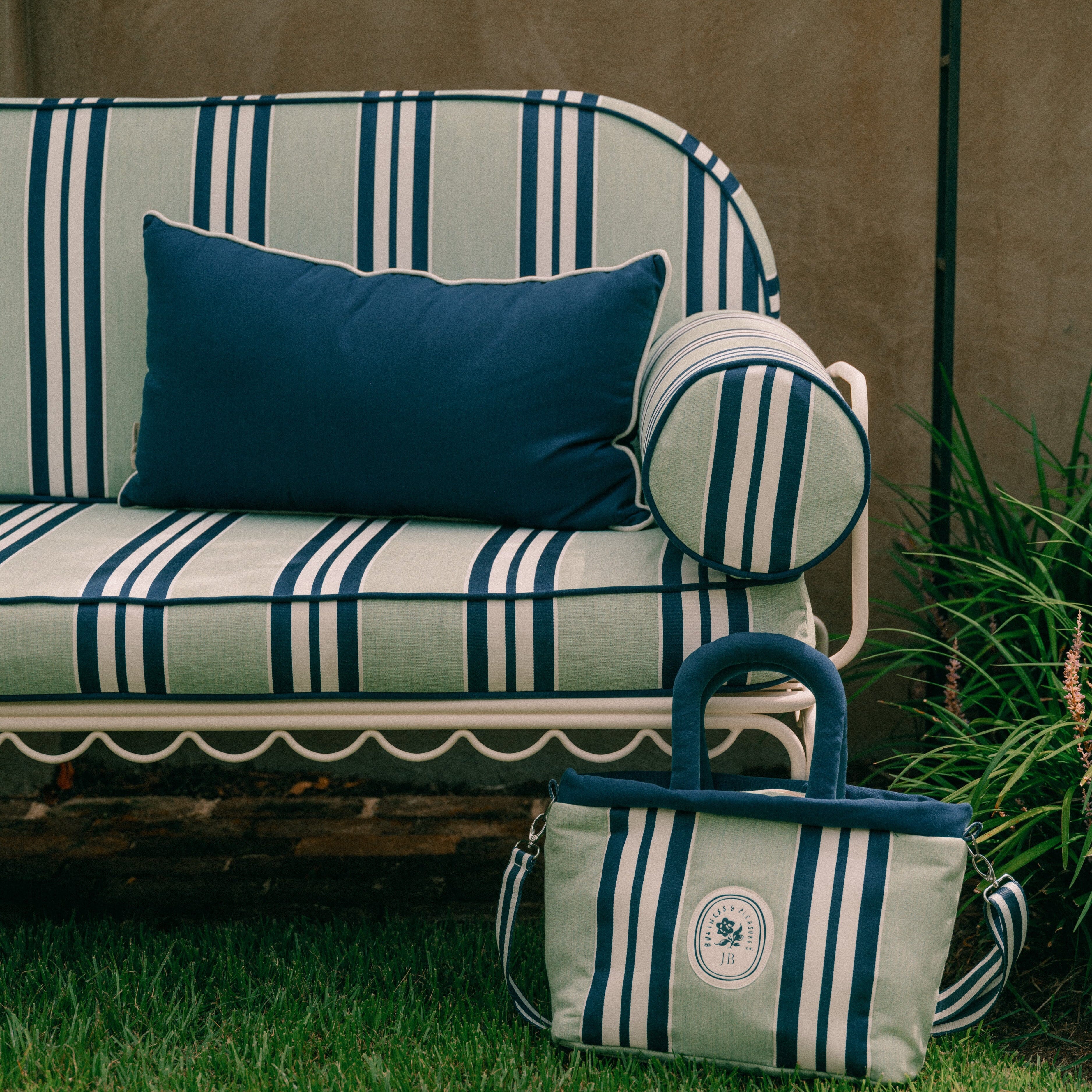 The Al Fresco Love Seat x Julia Berolzheimer in Green Stripes | Antique White Frame Al Fresco Love Seat Kit B&P x Julia Berolzheimer 