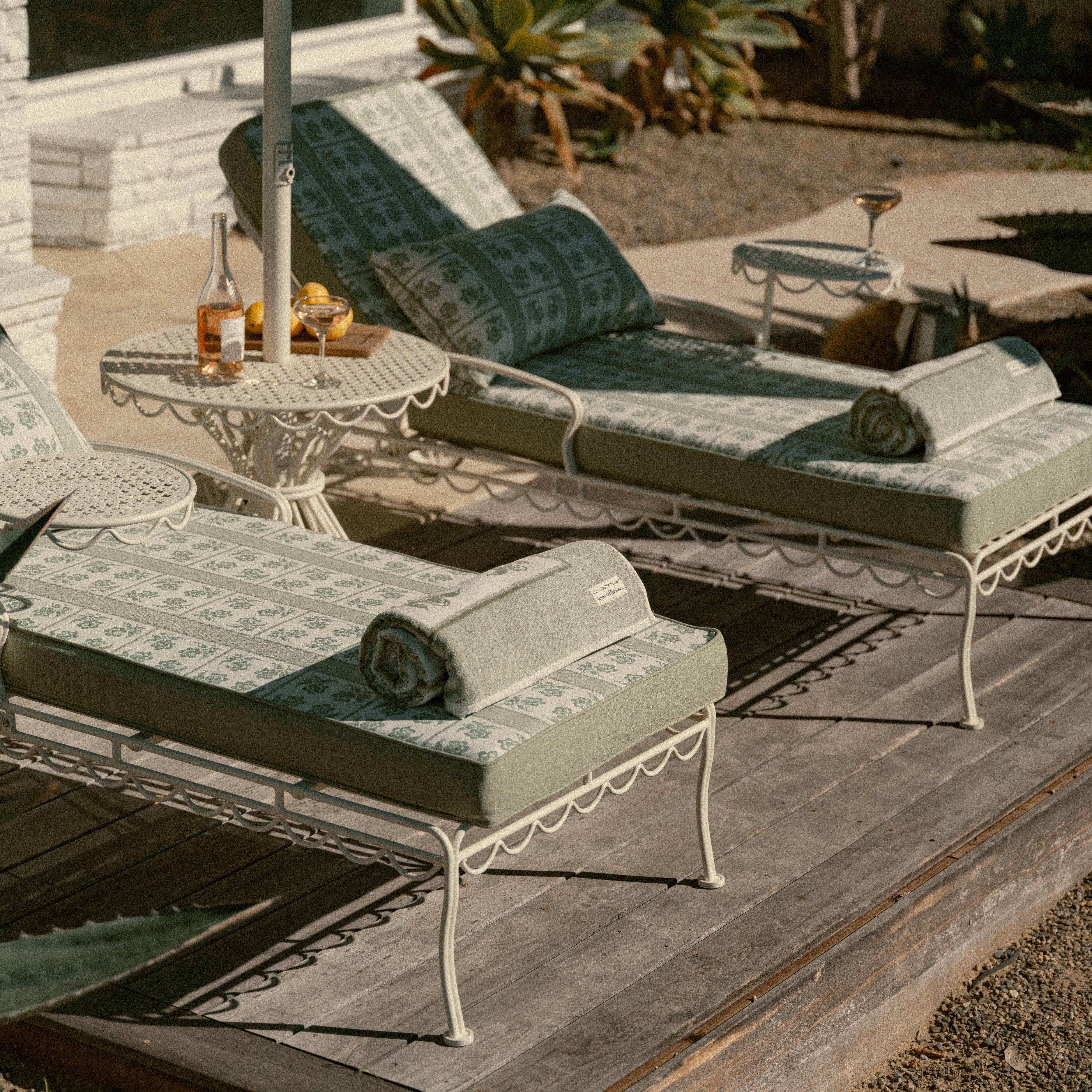 The Al Fresco Sun Lounger x Julia Berolzheimer in Jacquard Green | Antique White Frame Al Fresco Sun Lounger Kit Business & Pleasure Co Aus 