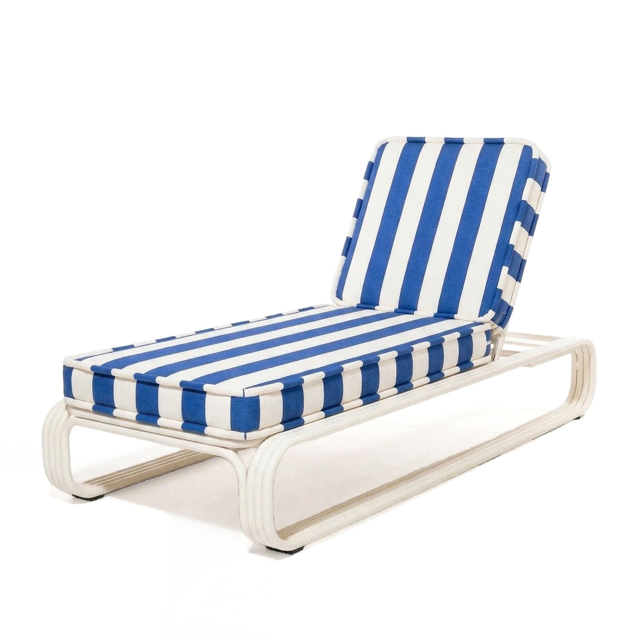 Blue and white striped lounge chair on a white background