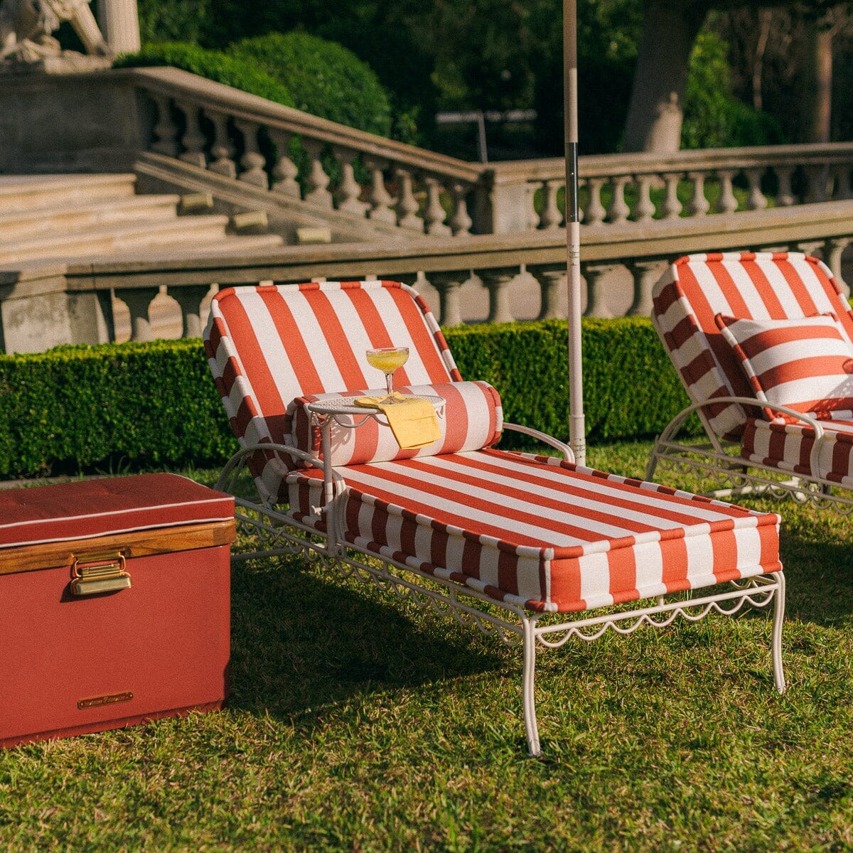 The Al Fresco Sun Lounger in Crew Le Sirenuse Stripe | Antique White Frame Al Fresco Sun Lounger Kit Business & Pleasure Co. 
