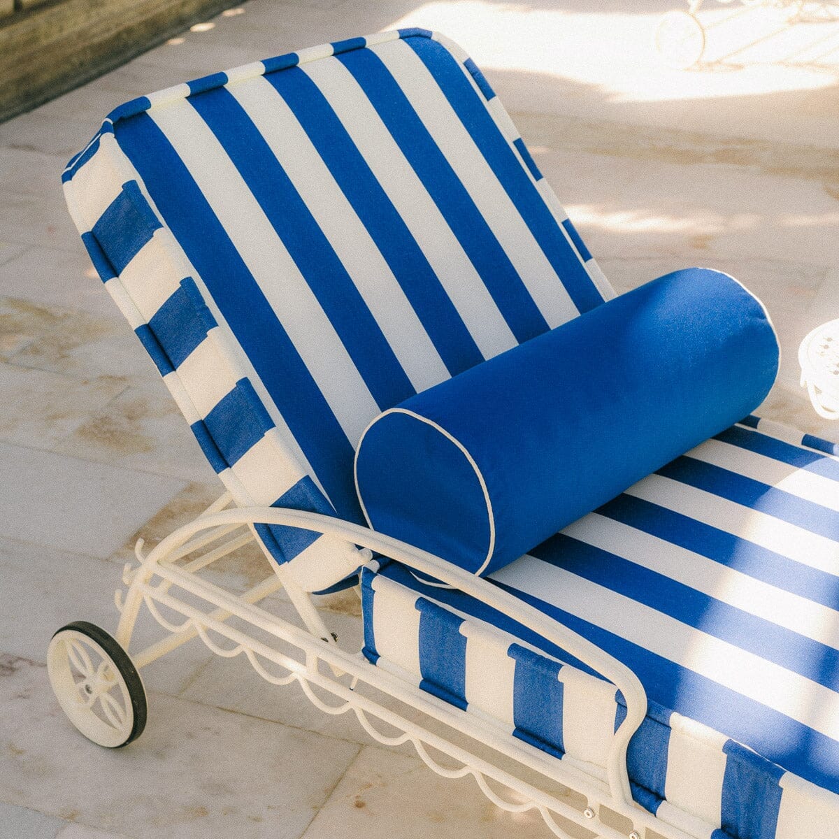The Al Fresco Sun Lounger in Crew Mediterranean Blue Stripe | Antique White Frame Al Fresco Sun Lounger Kit Business & Pleasure Co. 