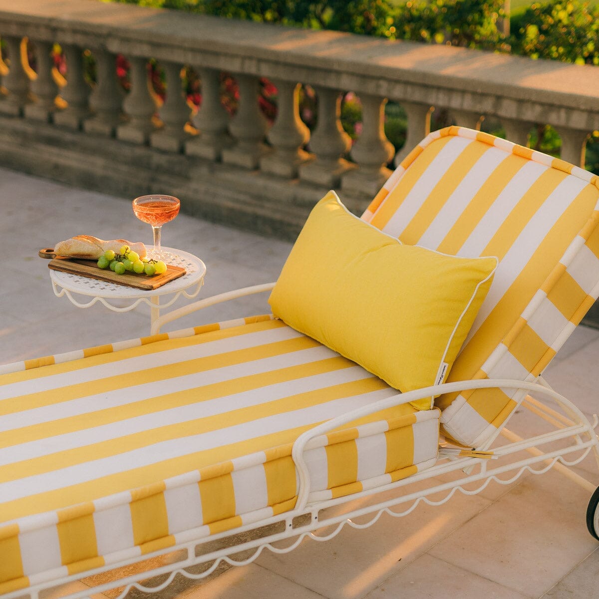 The Al Fresco Sun Lounger in Crew Mimosa Yellow Stripe | Antique White Frame Al Fresco Sun Lounger Kit Business & Pleasure Co. 