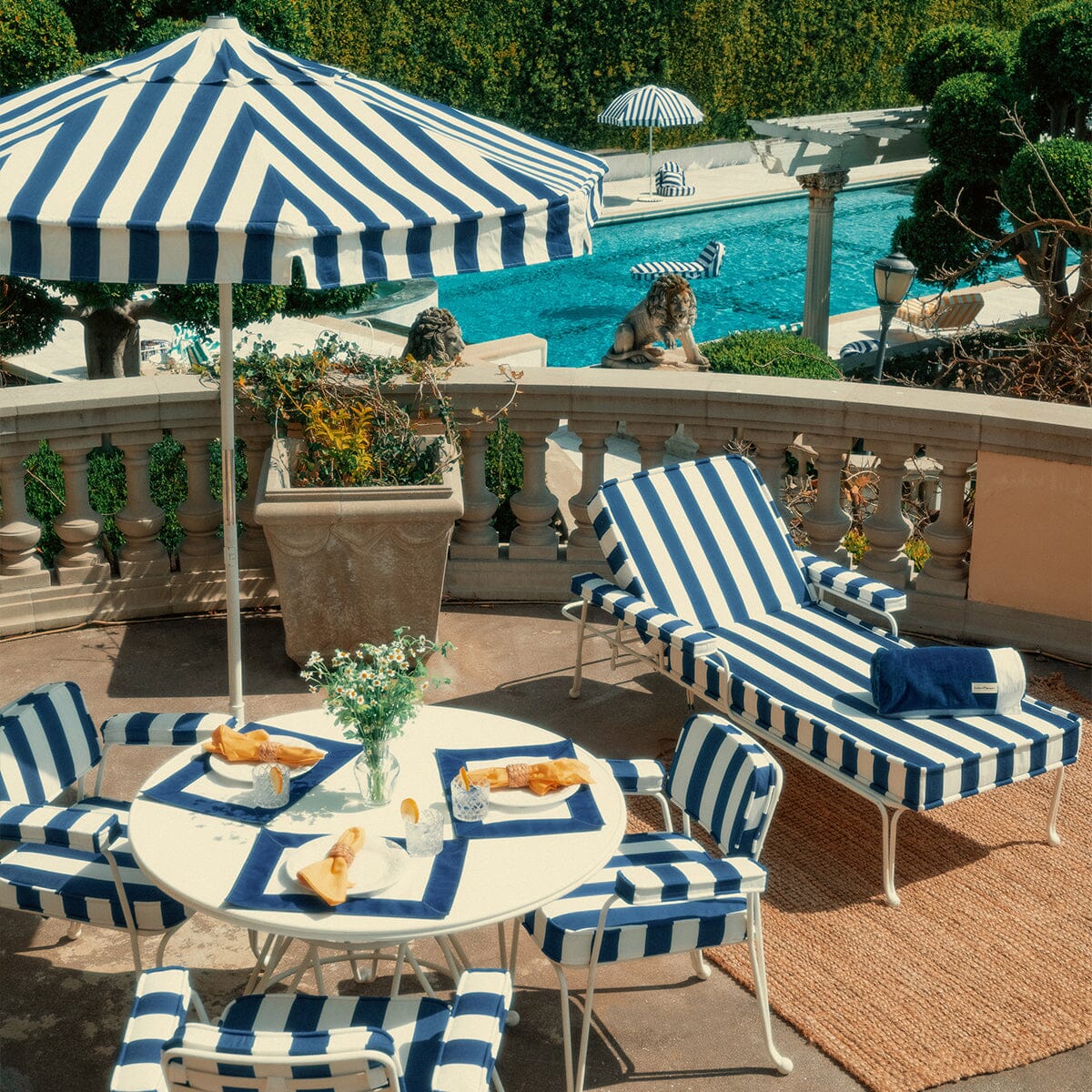 The Waterhouse Sun Lounger in Crew Mediterranean Blue Stripe | Antique White Frame Waterhouse Sun Lounger Kit Business & Pleasure Co. 