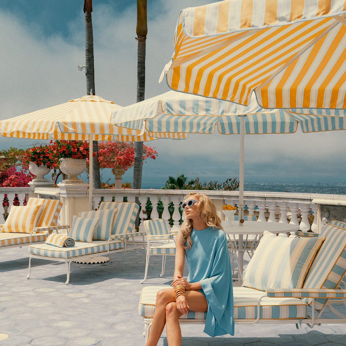 The Resort Market Umbrella in Tuuli Stripe Yellow | 10' Antique White Frame Resort Market Umbrella Kit Business & Pleasure Co. 