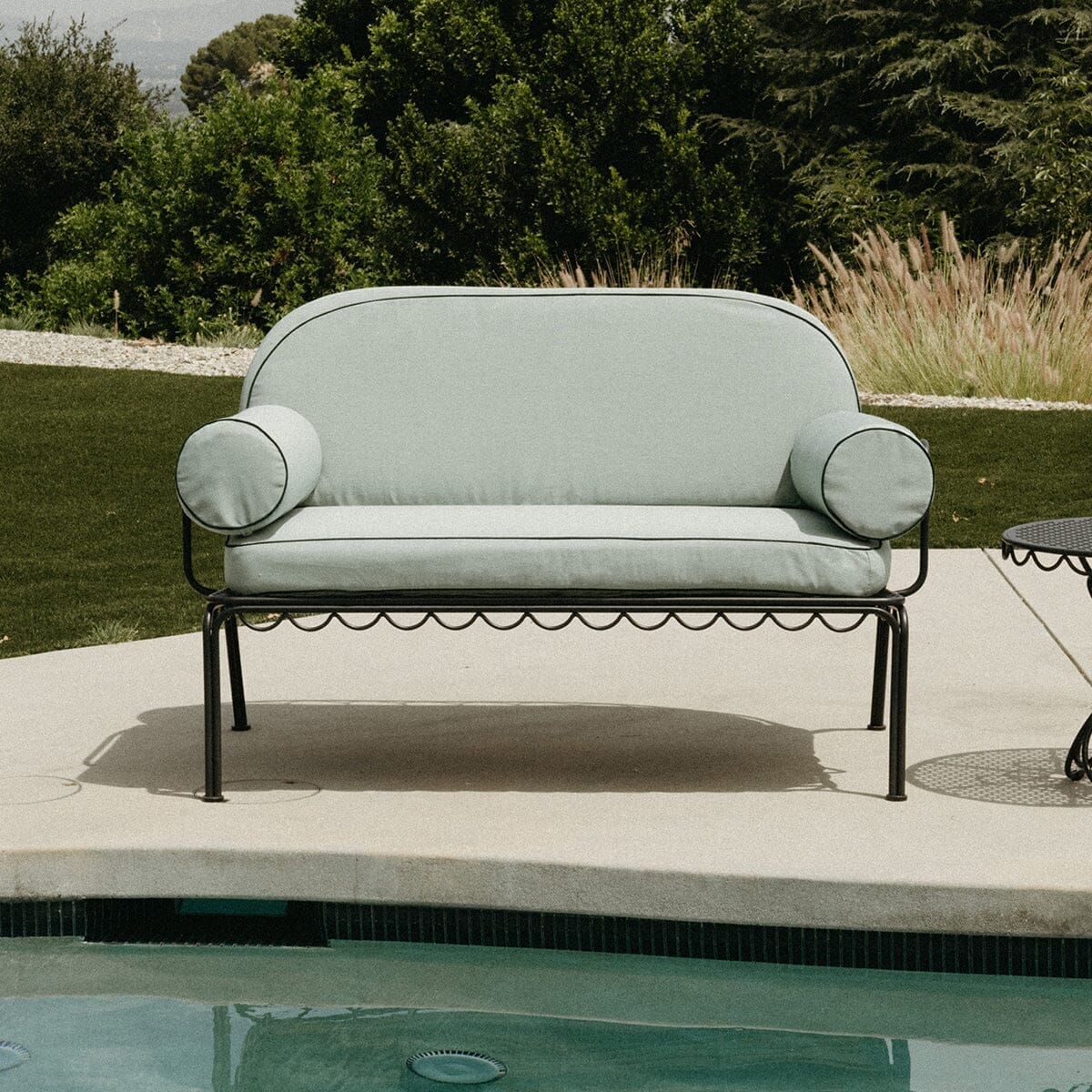 The Al Fresco Love Seat in Rivie Green | Vintage Black Frame Al Fresco Love Seat Kit Business & Pleasure Co. 