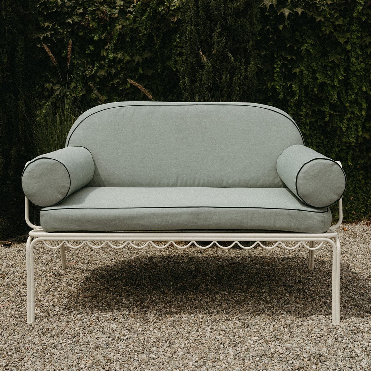 The Al Fresco Love Seat in Rivie Green | Antique White Frame Al Fresco Love Seat Kit Business & Pleasure Co. 